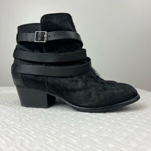 Matiko Boots Womens 6.5 Slip On Buckle Strap Ankle Bootie Black Fur Calf Heels